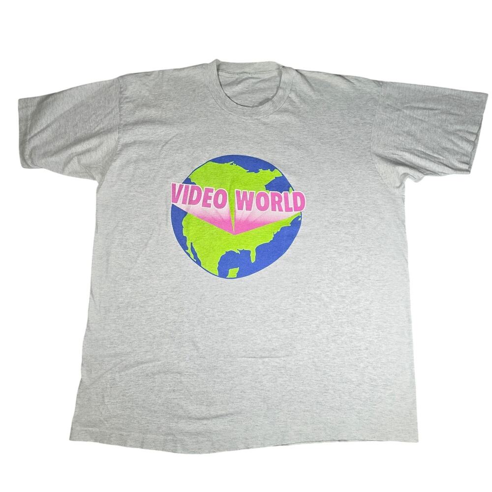 Vintage Video World T Shirt 2XL Gray Single Stitch 90s Movie Promo VHS Rare Tee